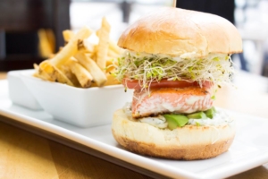 wild salmon filet burger at finns seafood restaurant