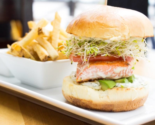 wild salmon filet burger at finns seafood restaurant